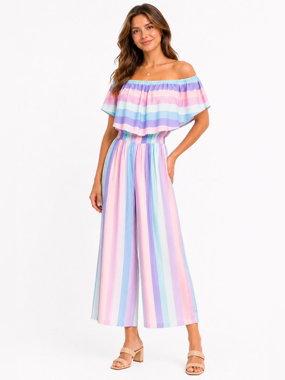 Buddy Love Size Medium Colorful Striped Off-Shoulder Cropped Ankle Jumpsuit